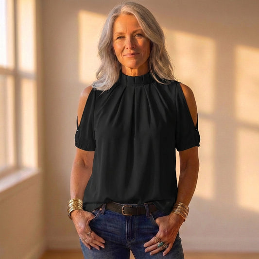 Top Black With Cold Shoulder & Pleated Detail