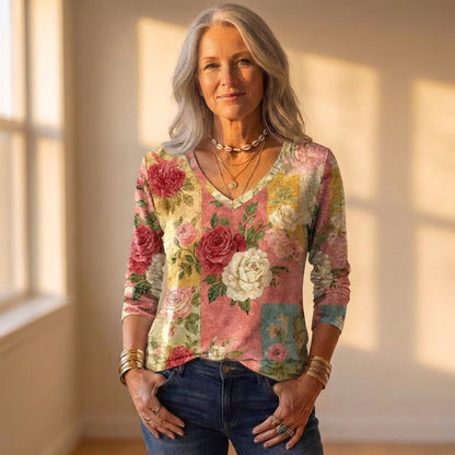 Top Multicolor With Patchwork Rose & Floral Pattern