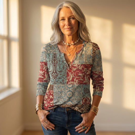 Top Teal & Rust With Patchwork Damask Pattern