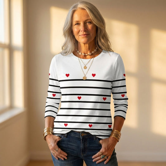 Top White With Black Stripes & Red Heart Pattern