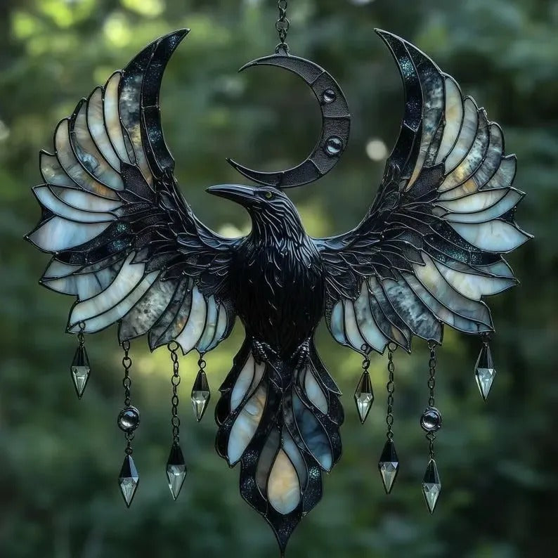 Triple Moon Raven Stained Glass Pendant