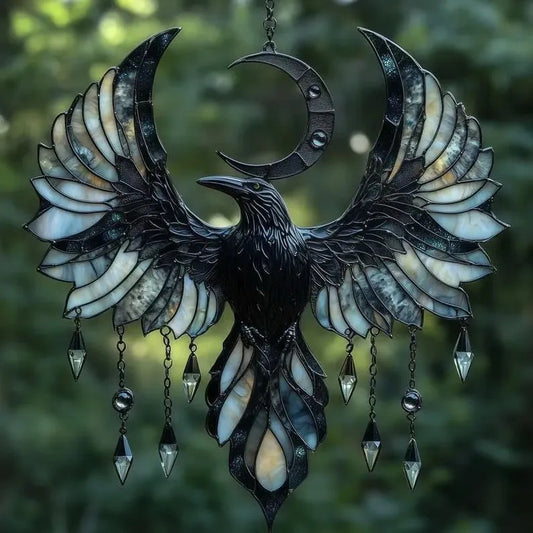 Triple Moon Raven Stained Glass Pendant