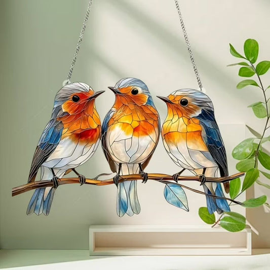 Triple Robin Birds Branch Suncatcher