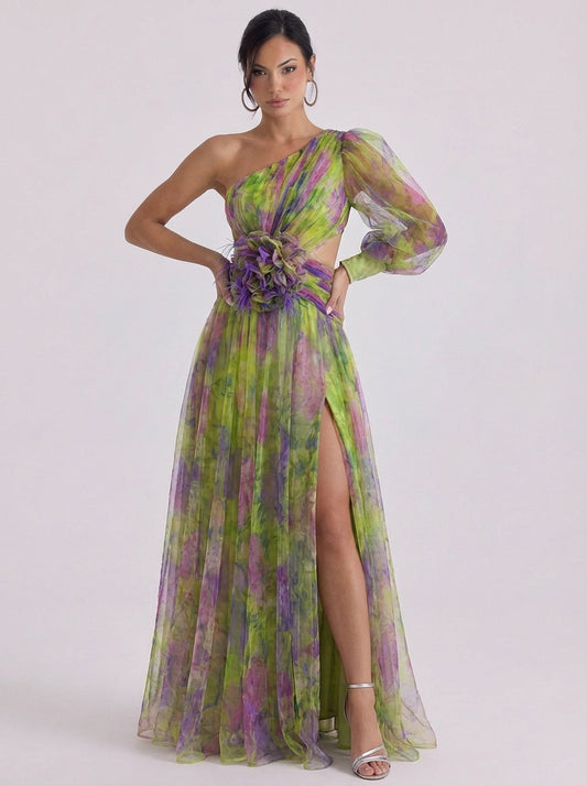 Tulle One Shoulder Ombre Maxi Dress With Rosette Belt