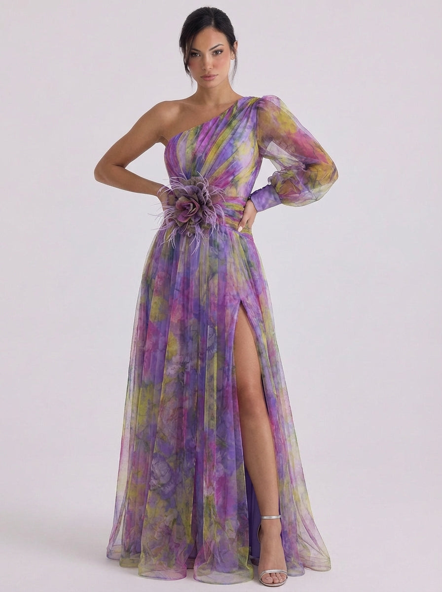 Tulle One Shoulder Ombre Maxi Dress With Rosette Belt