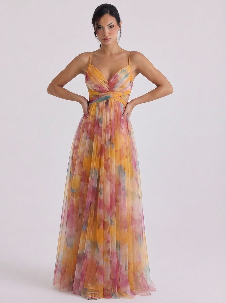 Tulle Pleated Ombre Maxi Dress With Crisscross Waist