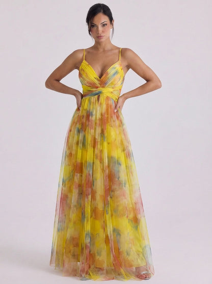 Tulle Pleated Ombre Maxi Dress With Crisscross Waist