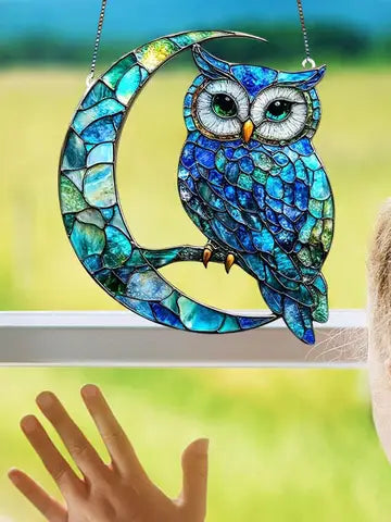 Turquoise Owl Crescent Moon Suncatcher