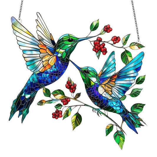 Twin Hummingbirds Berry Branch Suncatcher