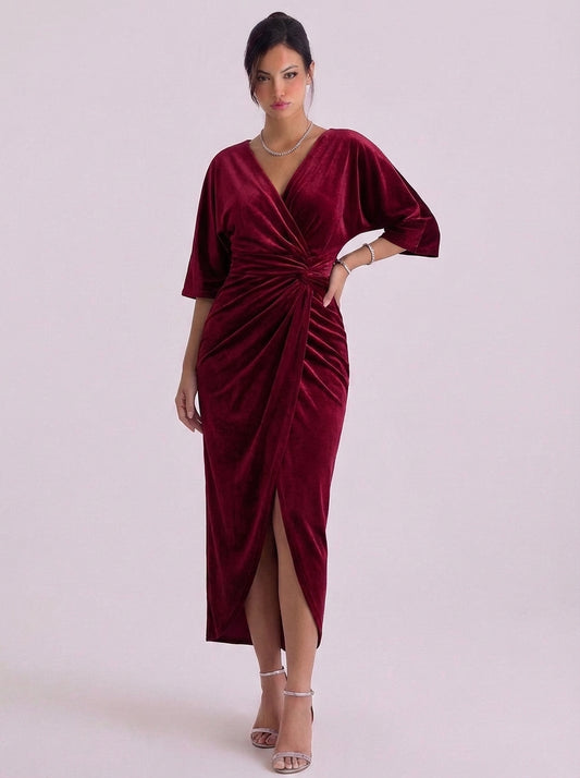 Velvet Wrap Midi Dress With Kimono