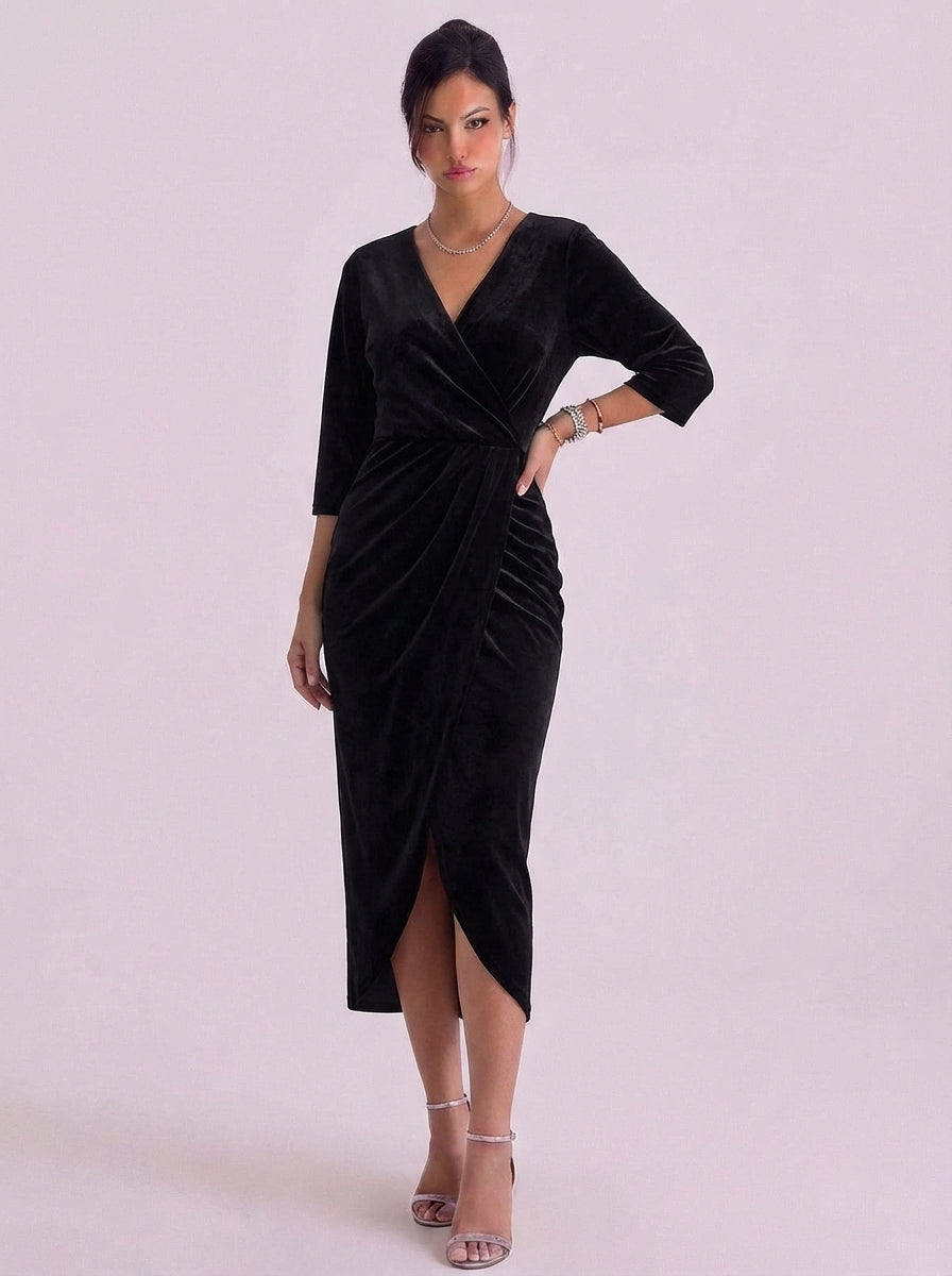 Velvet Wrap Midi Dress With Kimono