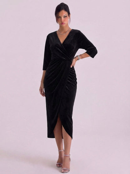 Velvet Wrap Midi Dress With Kimono