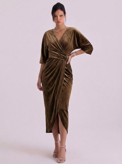 Velvet Wrap Midi Dress With Kimono