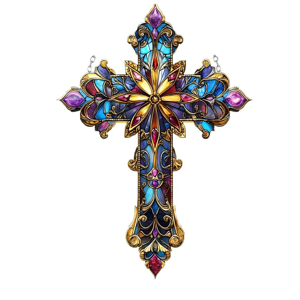 Victorian Cross Suncatcher   Jeweled Stained Glass
