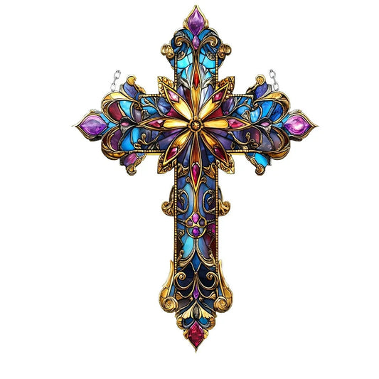 Victorian Cross Suncatcher   Jeweled Stained Glass