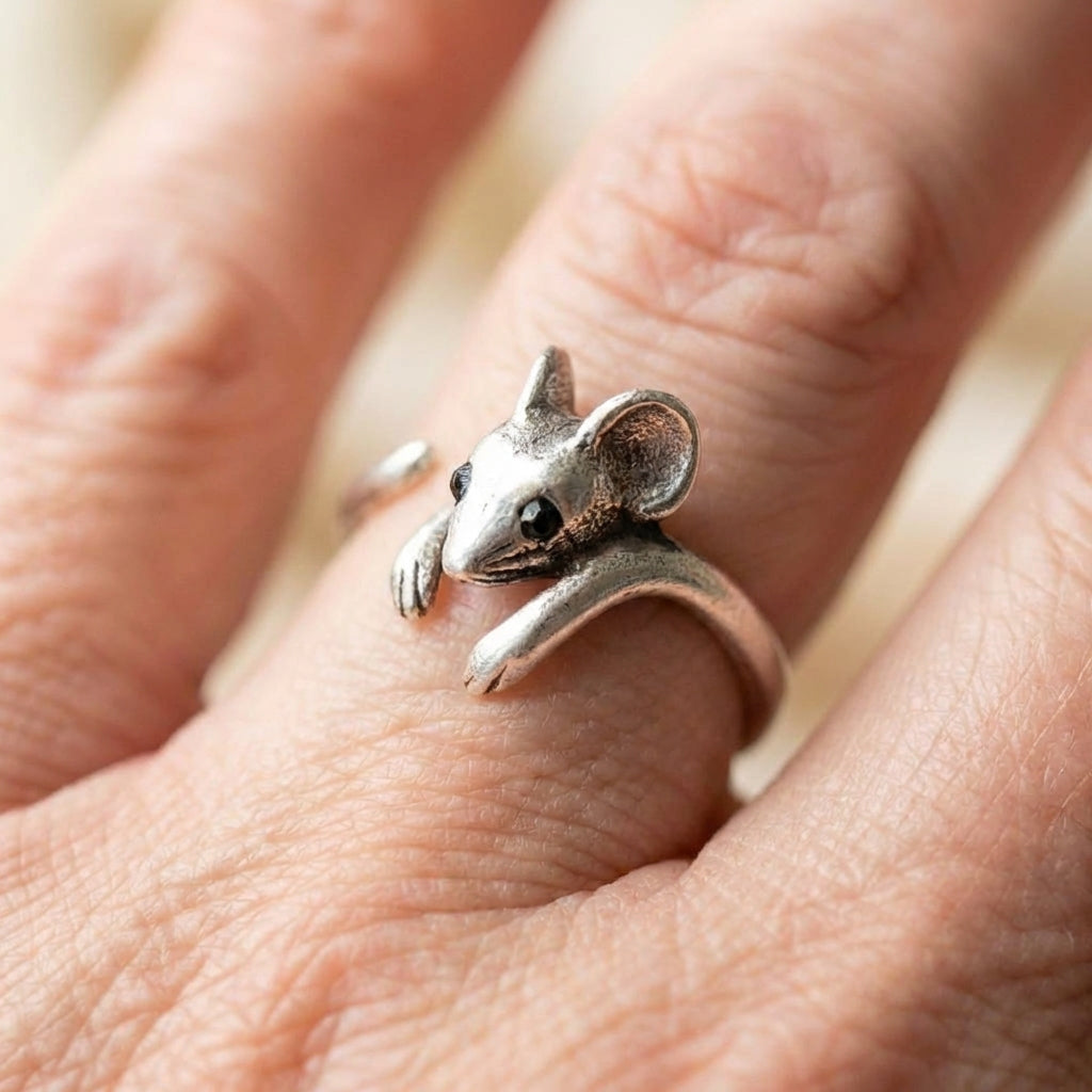 Vintage Inspired Silver Mouse Statement Ring