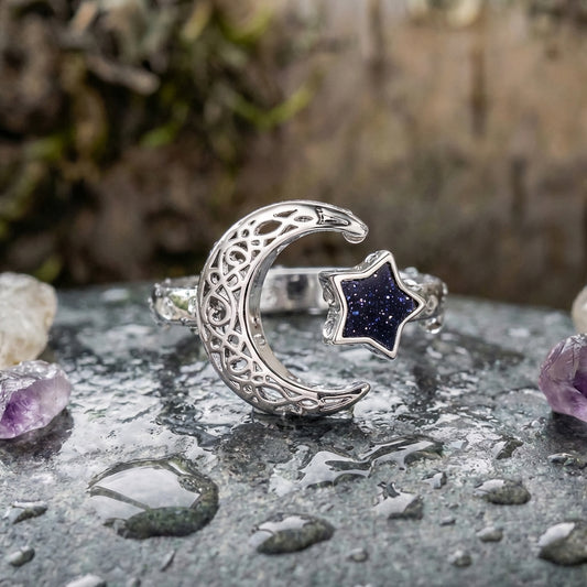 Vintage Adjustable Silver Moon And Star Ring
