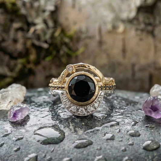 Vintage Black Glass & Zirconia Gold Ring