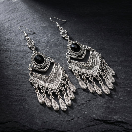 Vintage Black Rhinestone Bohemian Earrings