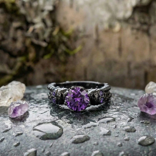 Vintage Black Round Purple Gemstone & Intricate Design Ring