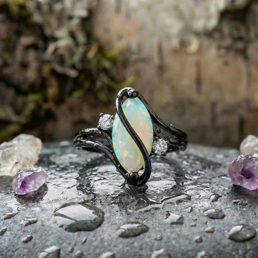 Vintage Black Silver Opal & Crystal Accent Ring