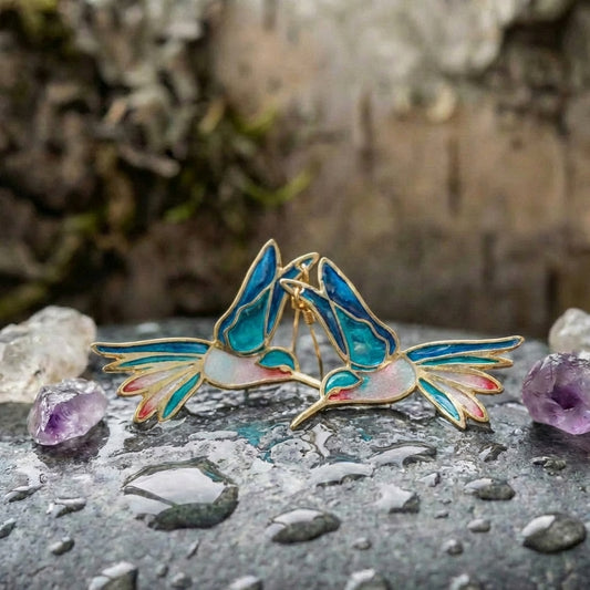 Vintage Blue Enamel Hummingbird Earrings
