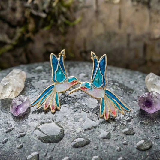 Vintage Blue Enamel Hummingbird Earrings