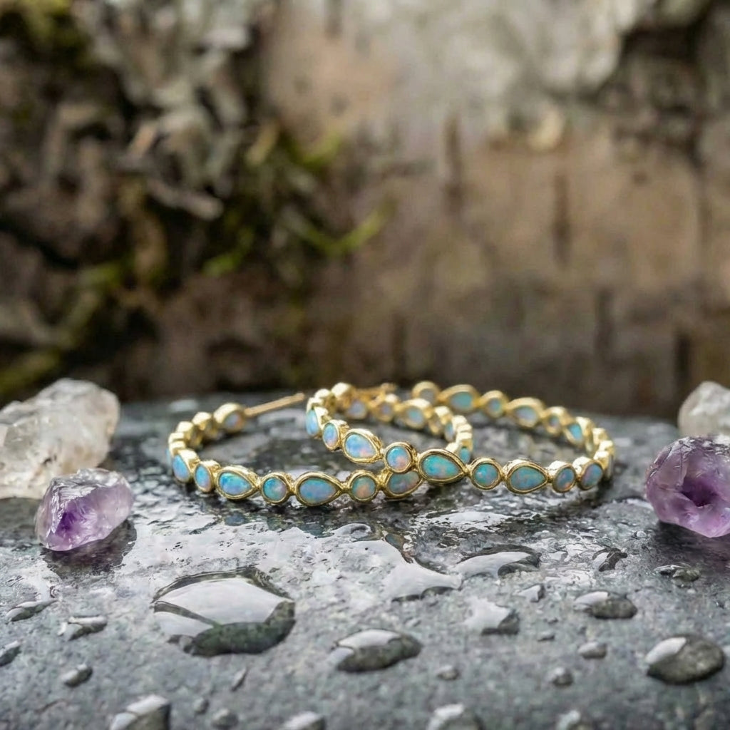 Vintage Blue Opal Gold Earrings