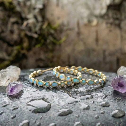 Vintage Blue Opal Gold Earrings