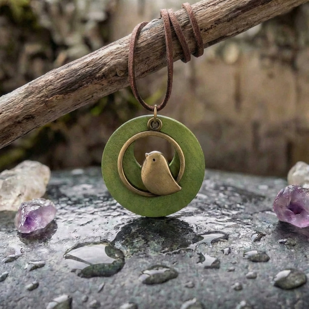 Vintage Boho Green Wood Bird Pendant Long Necklace