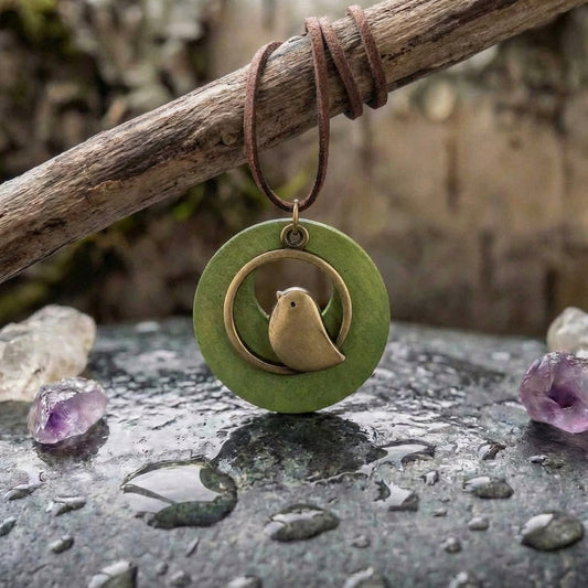 Vintage Boho Green Wood Bird Pendant Long Necklace