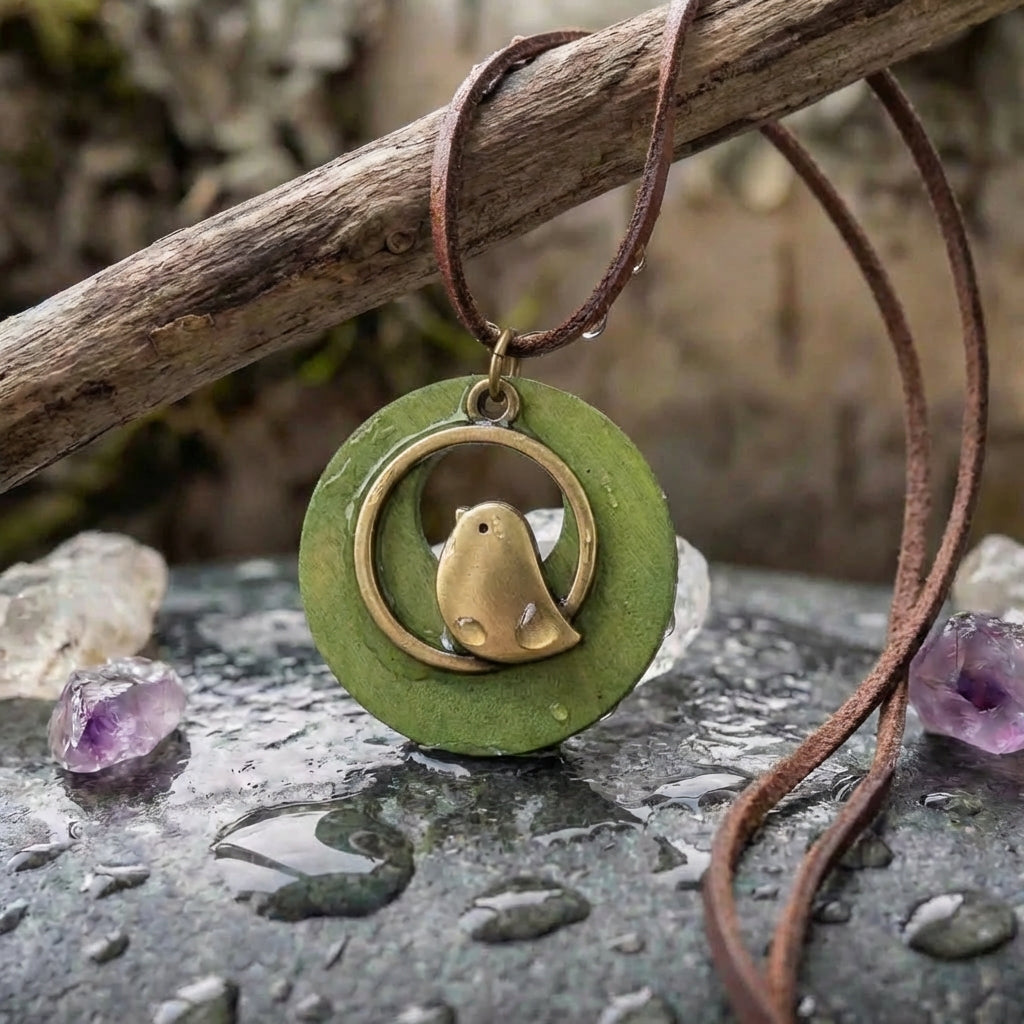 Vintage Boho Green Wood Bird Pendant Long