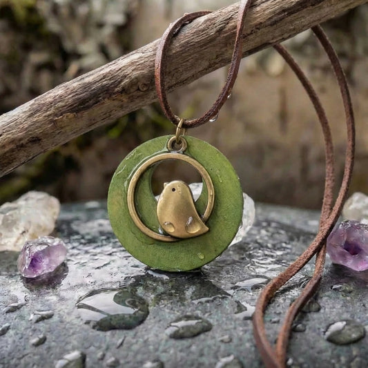 Vintage Boho Green Wood Bird Pendant Long