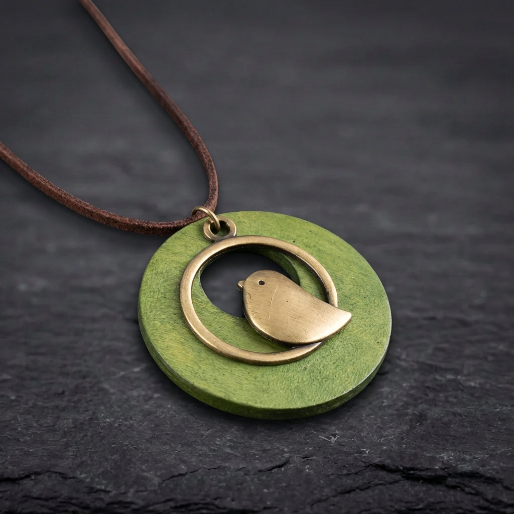 Vintage Boho Green Wood Bird Pendant Long