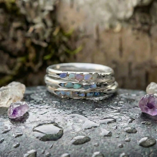 Vintage Boho Rustic Silver Opal Band Ring