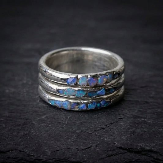 Vintage Boho Rustic Silver Opal Band Ring