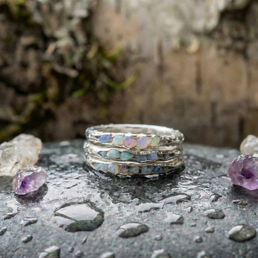 Vintage Boho Rustic Silver Opal Band Ring