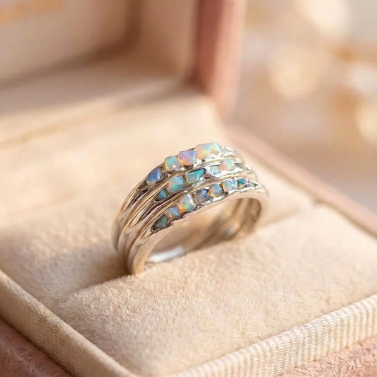 Vintage Boho Rustic Silver Opal Band Ring