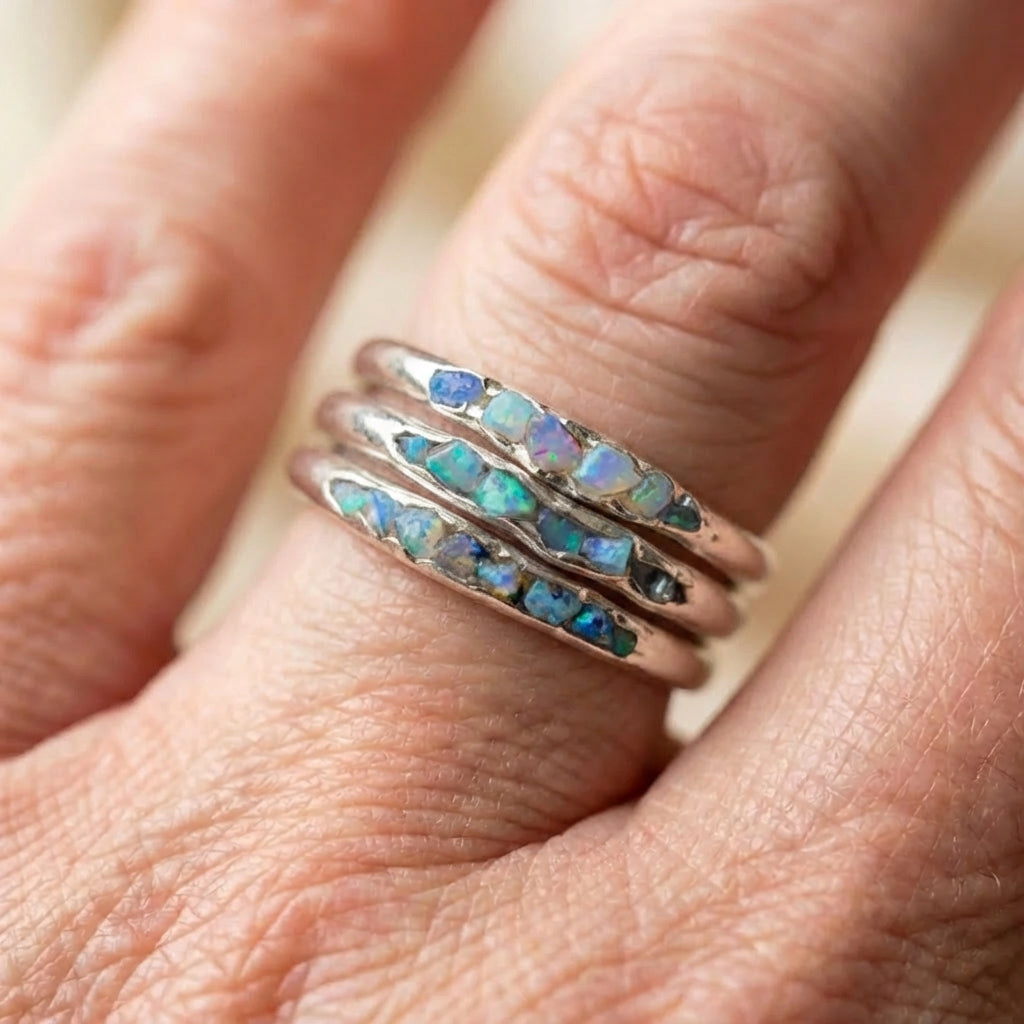 Vintage Boho Rustic Silver Opal Band Ring