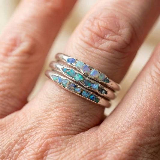Vintage Boho Rustic Silver Opal Band Ring