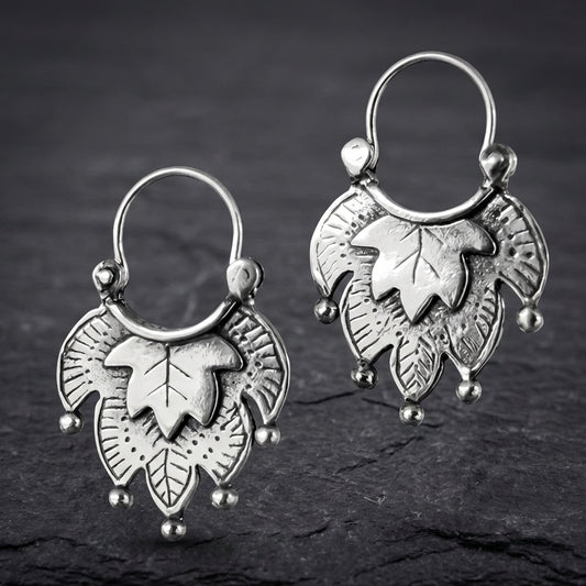 Vintage Carving Leaf Silver Earrings