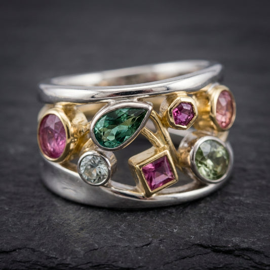 Vintage Colorful Glass Gold & Silver Ring