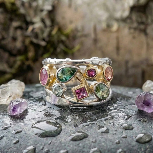 Vintage Colorful Glass Gold & Silver Ring