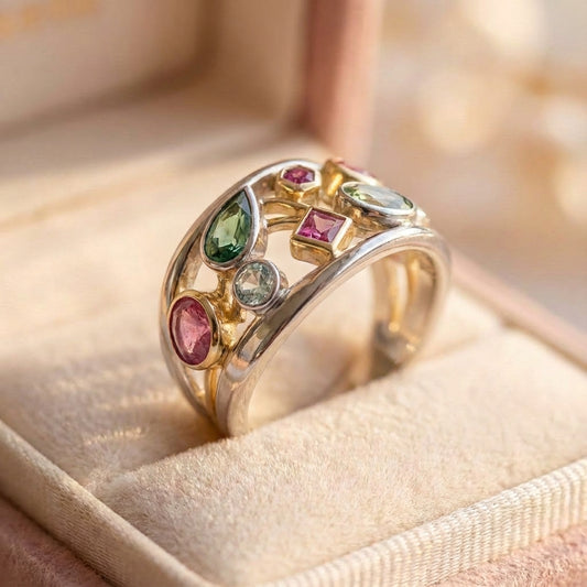 Vintage Colorful Glass Gold & Silver Ring