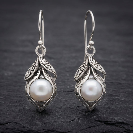 Vintage Dangling Pearl Silver Earrings