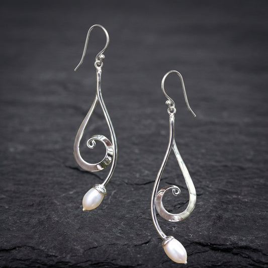 Vintage Dangling Spiral Pearl Silver Earrings