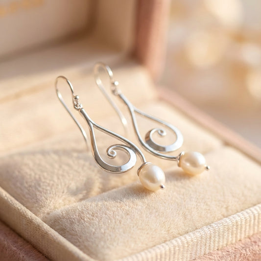 Vintage Dangling Spiral Pearl Silver Earrings