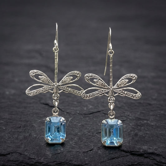 Vintage Dragonfly Blue Stone Dangle Earrings