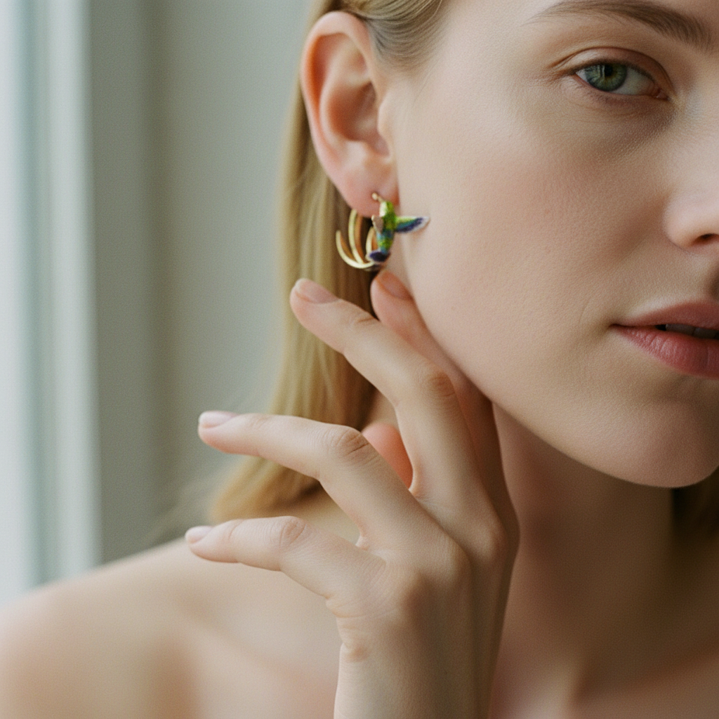 Vintage Enamel Hummingbird Hoop Earrings