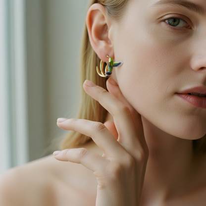 Vintage Enamel Hummingbird Hoop Earrings